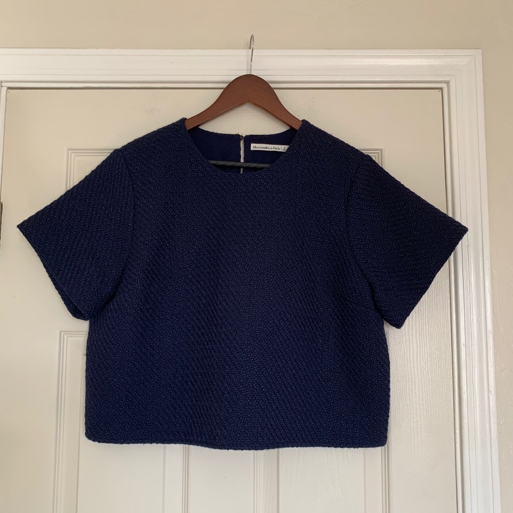 Abercrombie & Fitch Navy Blue Tweed Crop Shirt Sz. L Preppy Academia City